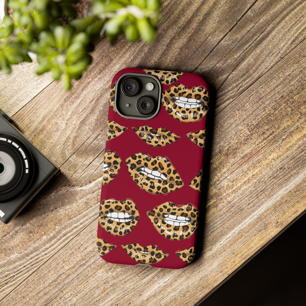 Phone Case — Leopard Lips Pattern on Burgundy