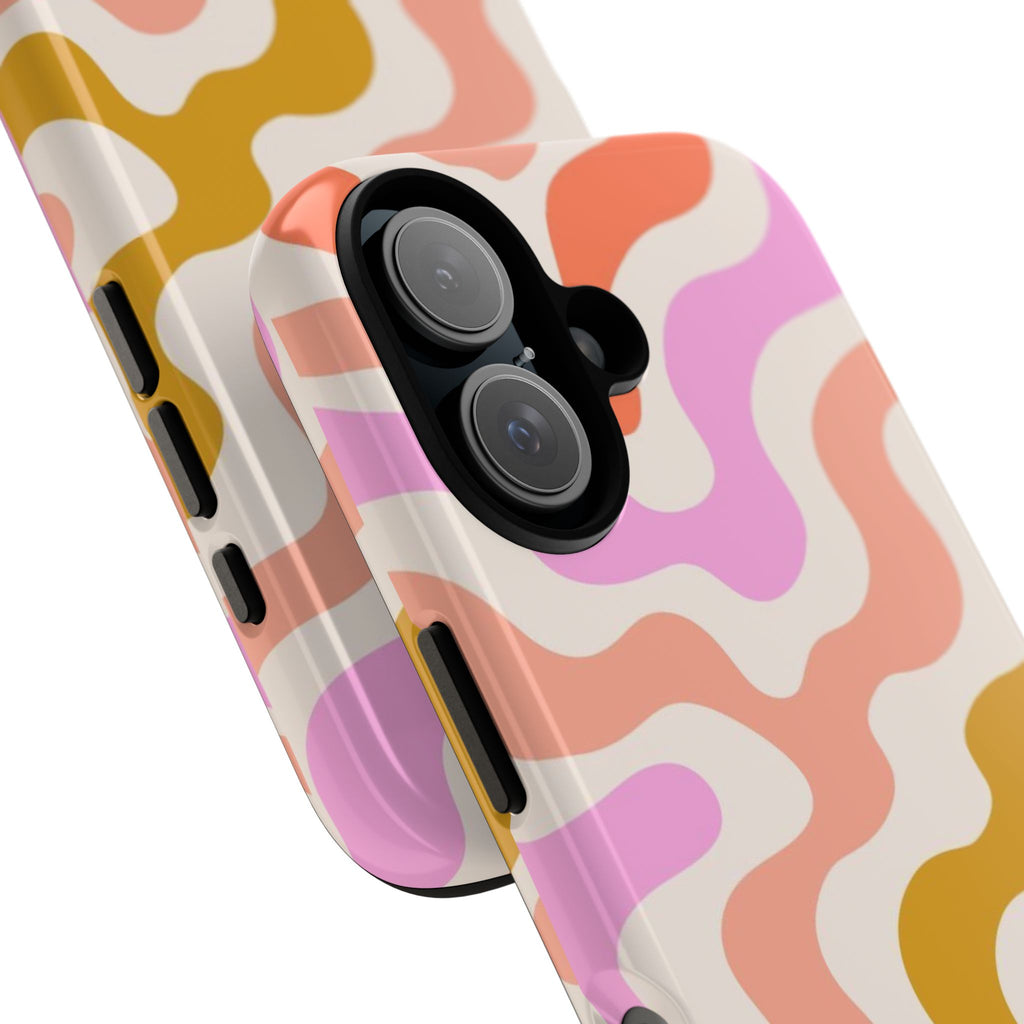 Retro Wavy Pattern Tough Phone Case — Pink, Peach & Mustard Abstract Design
