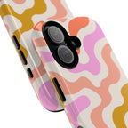 Retro Wavy Pattern Tough Phone Case — Pink, Peach & Mustard Abstract Design