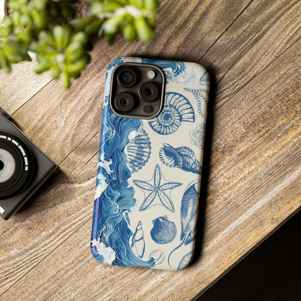 Ocean Shells Tough Phone Case — Blue Nautical Seashell iPhone Cover