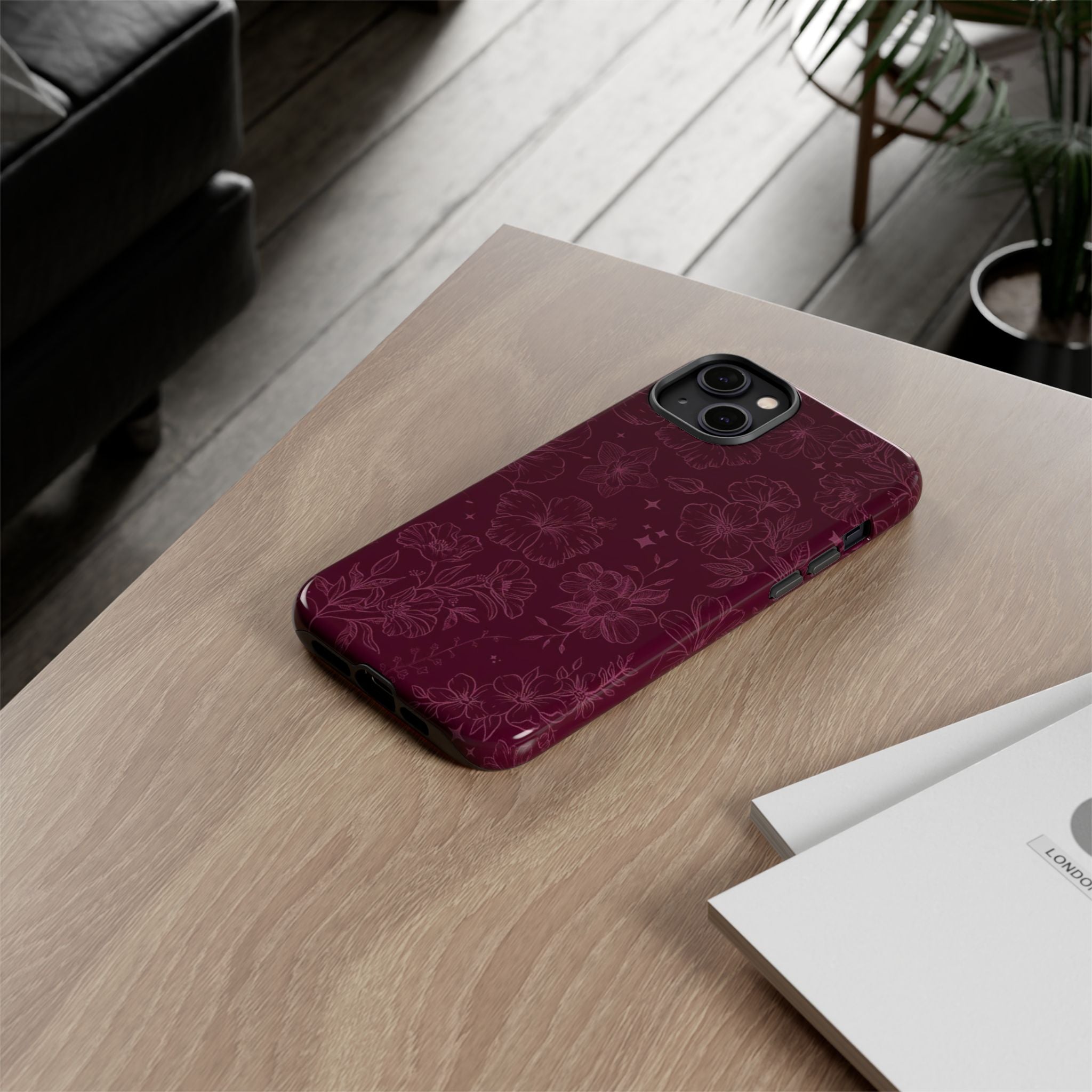 Burgundy Floral Tough Phone Case — Protective Hibiscus Pattern