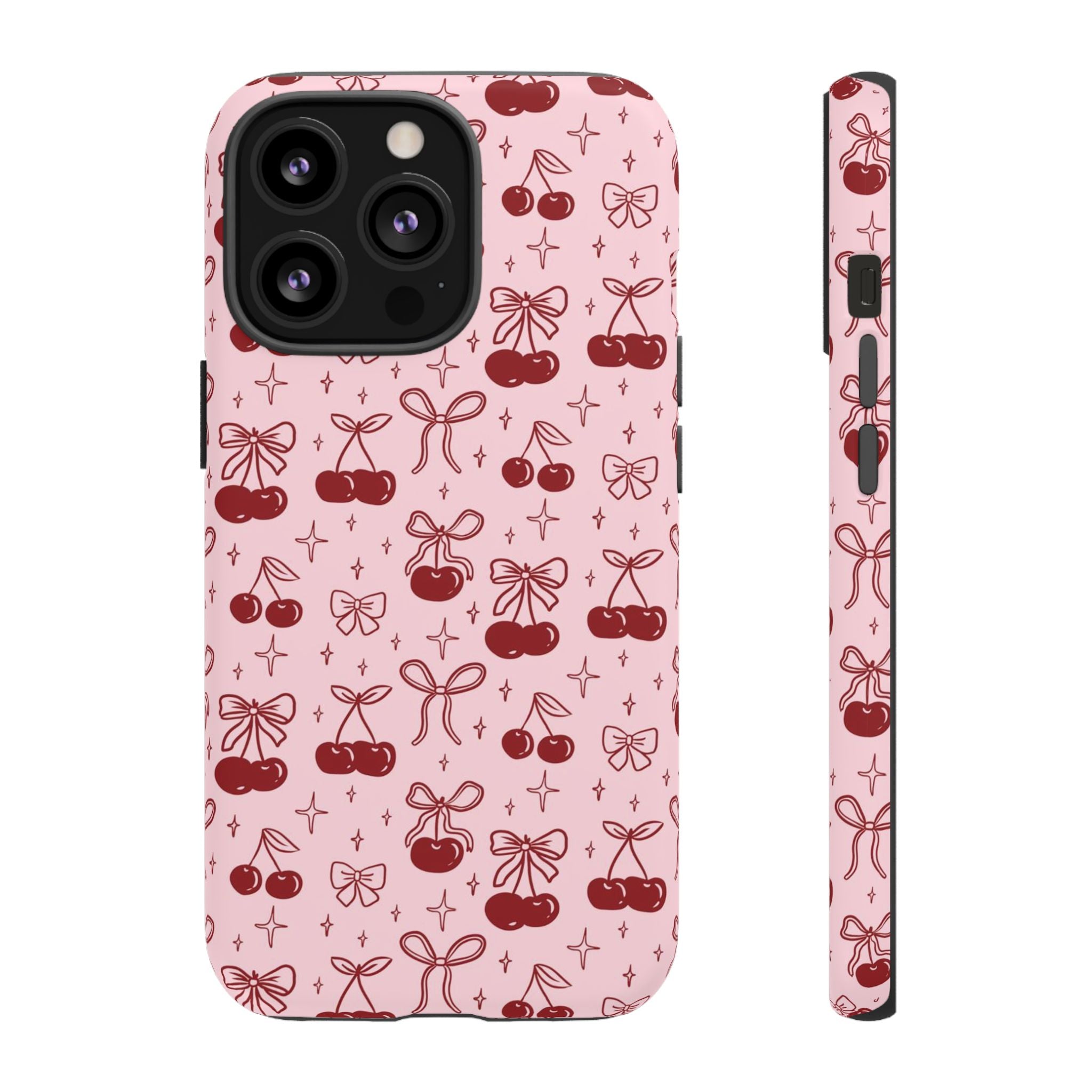 Cherry Pattern Phone Case — Cute Pink Cherries with Bows Durable Tough Case