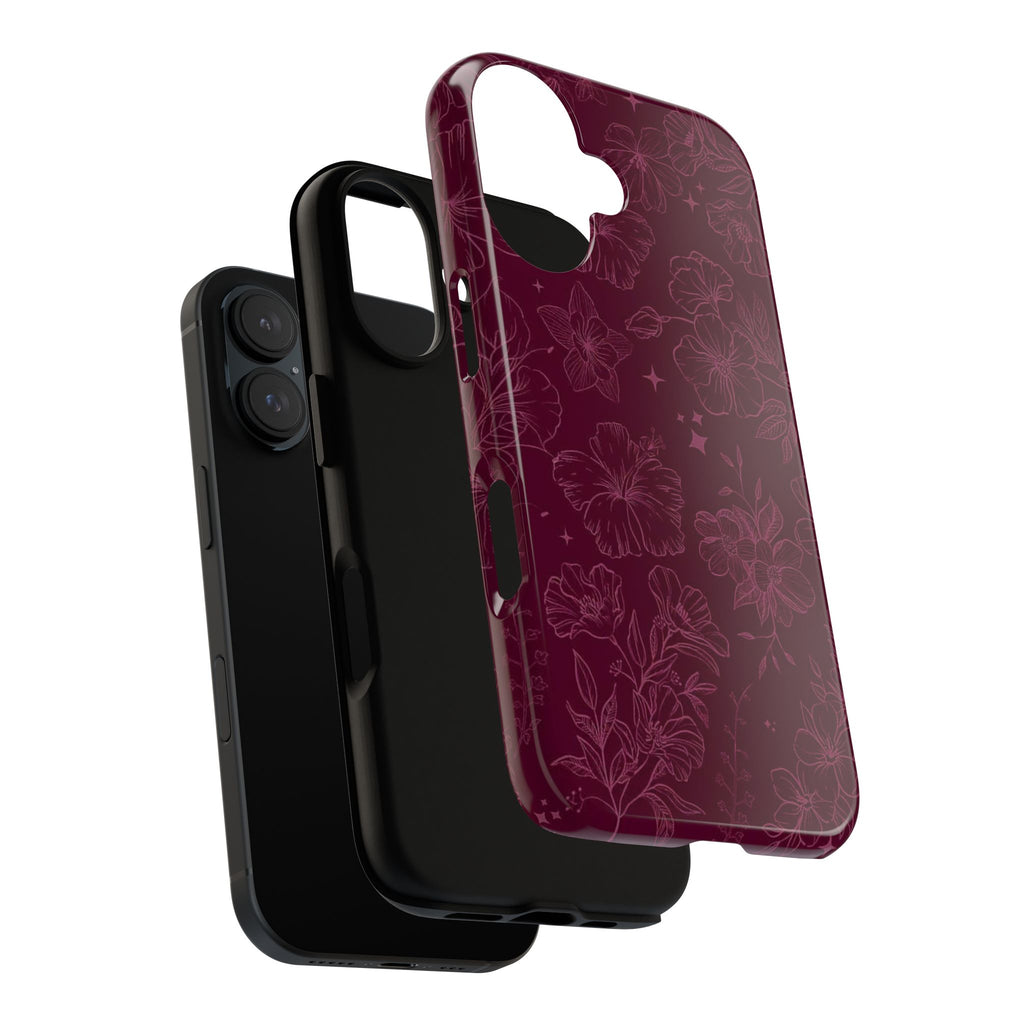 Burgundy Floral Tough Phone Case — Protective Hibiscus Pattern