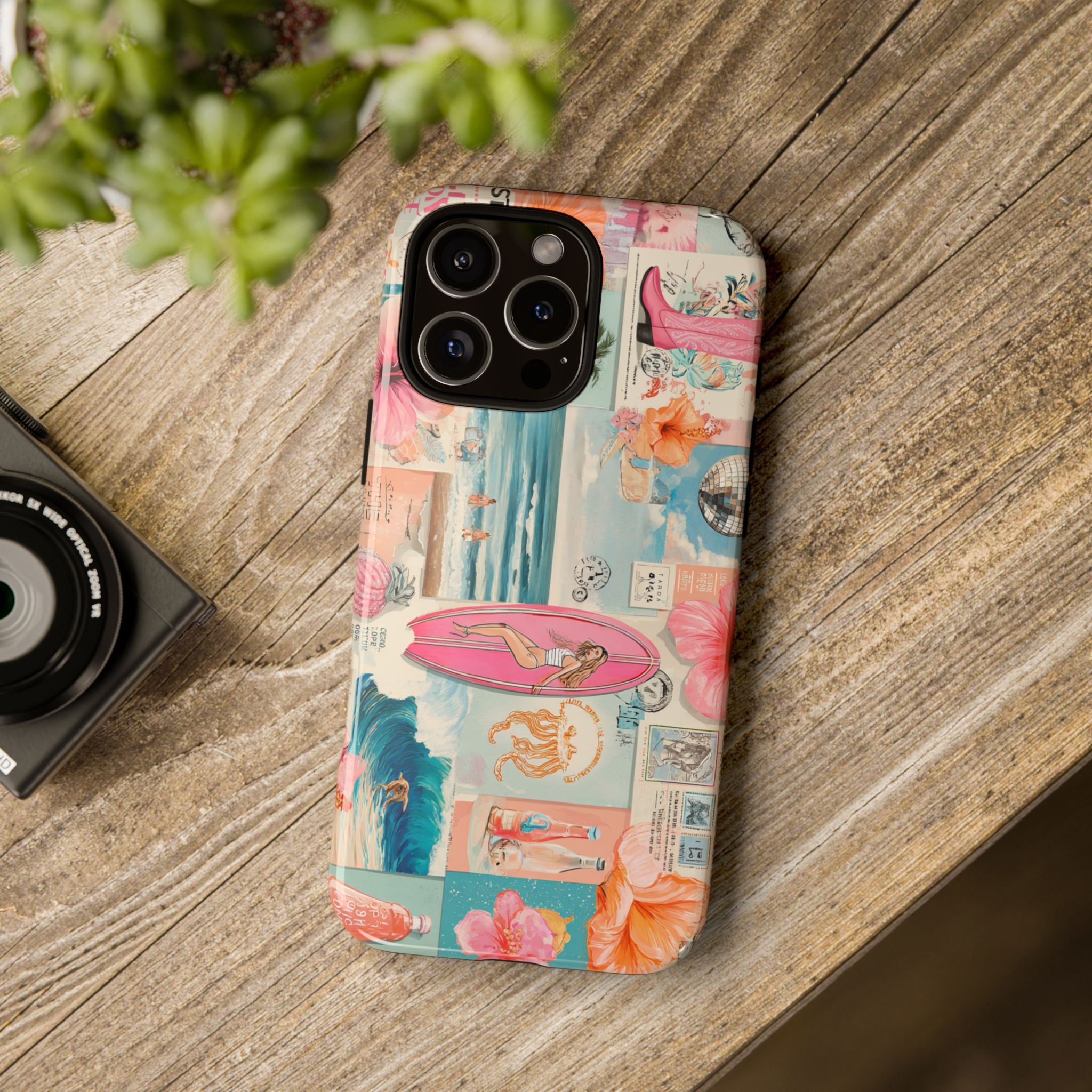 Tropical Surf Collage Phone Case — Vintage Hawaiian Floral & Surfboard Design