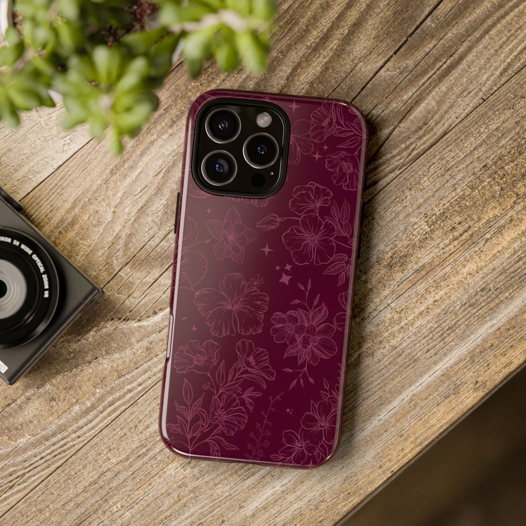 Burgundy Floral Tough Phone Case — Protective Hibiscus Pattern