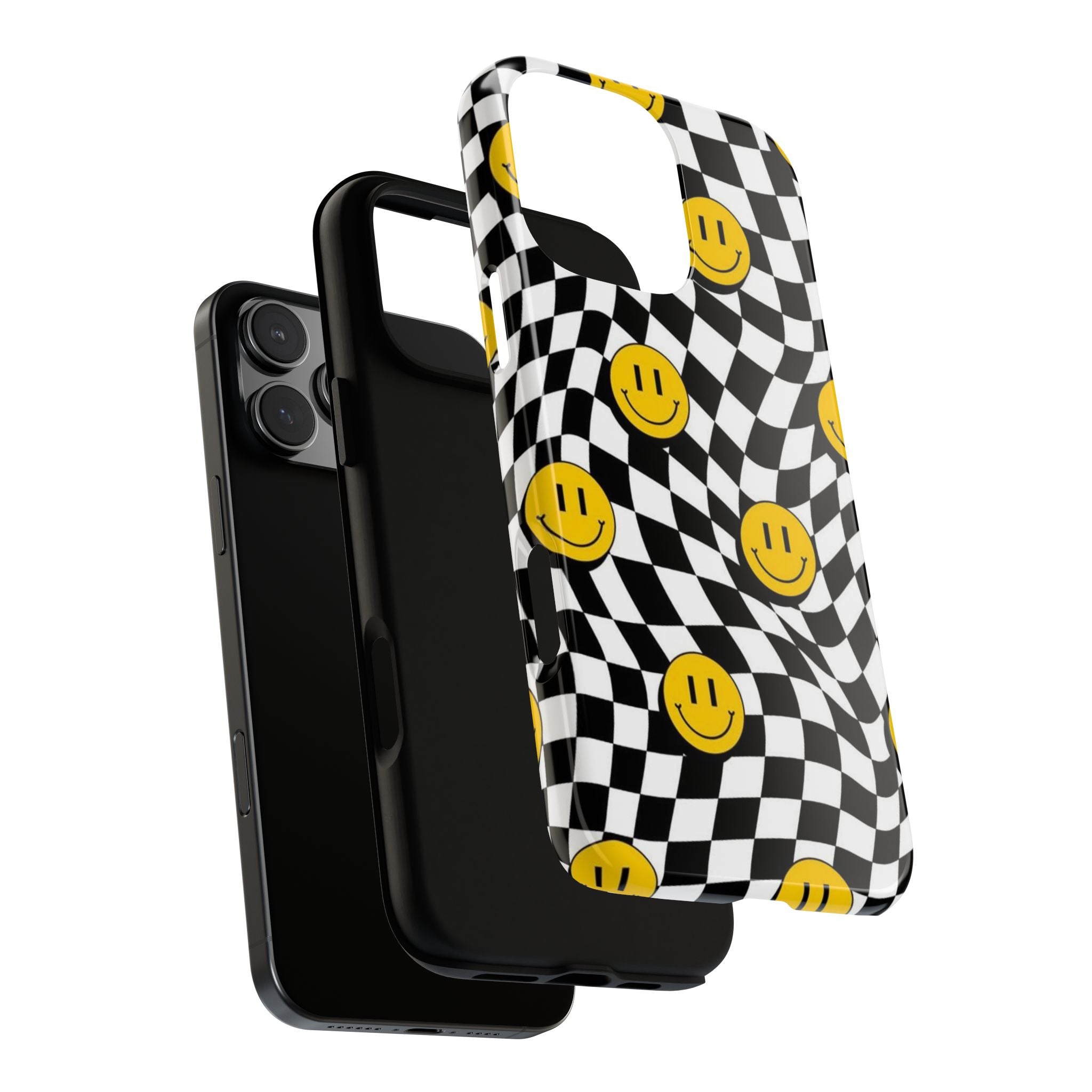 Smiley Checkerboard Tough Phone Case — Retro Wavy Black & White Design