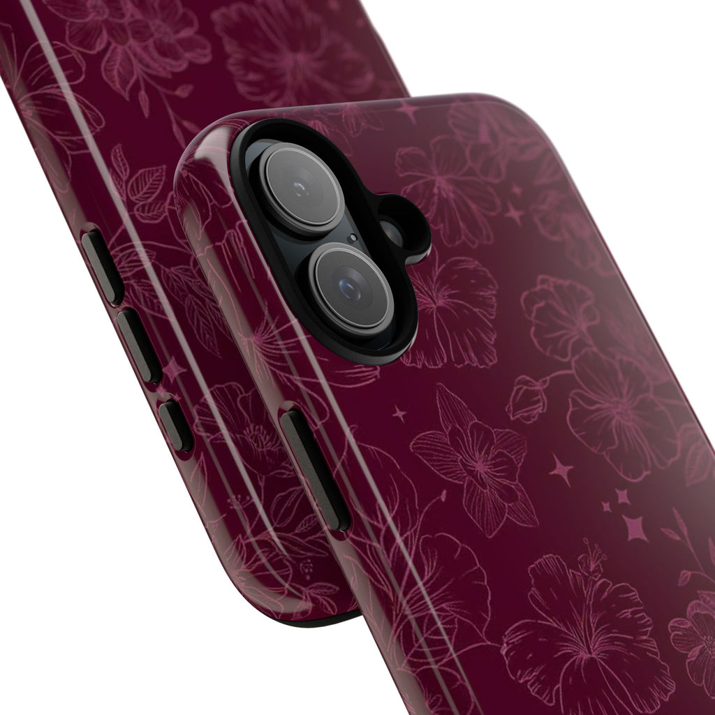 Burgundy Floral Tough Phone Case — Protective Hibiscus Pattern