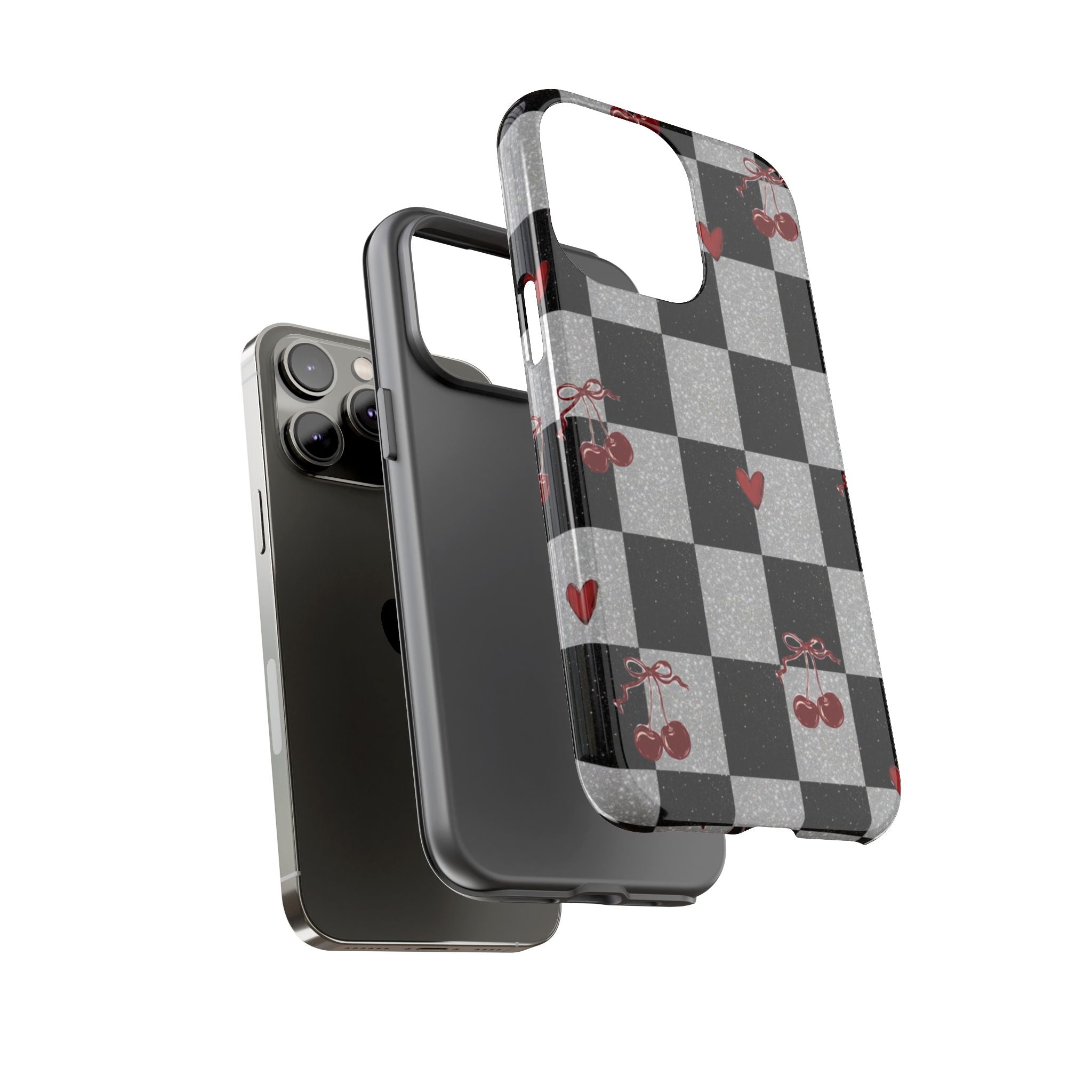 Cherry Checker Phone Case — Retro Black & White Plaid with Red Hearts