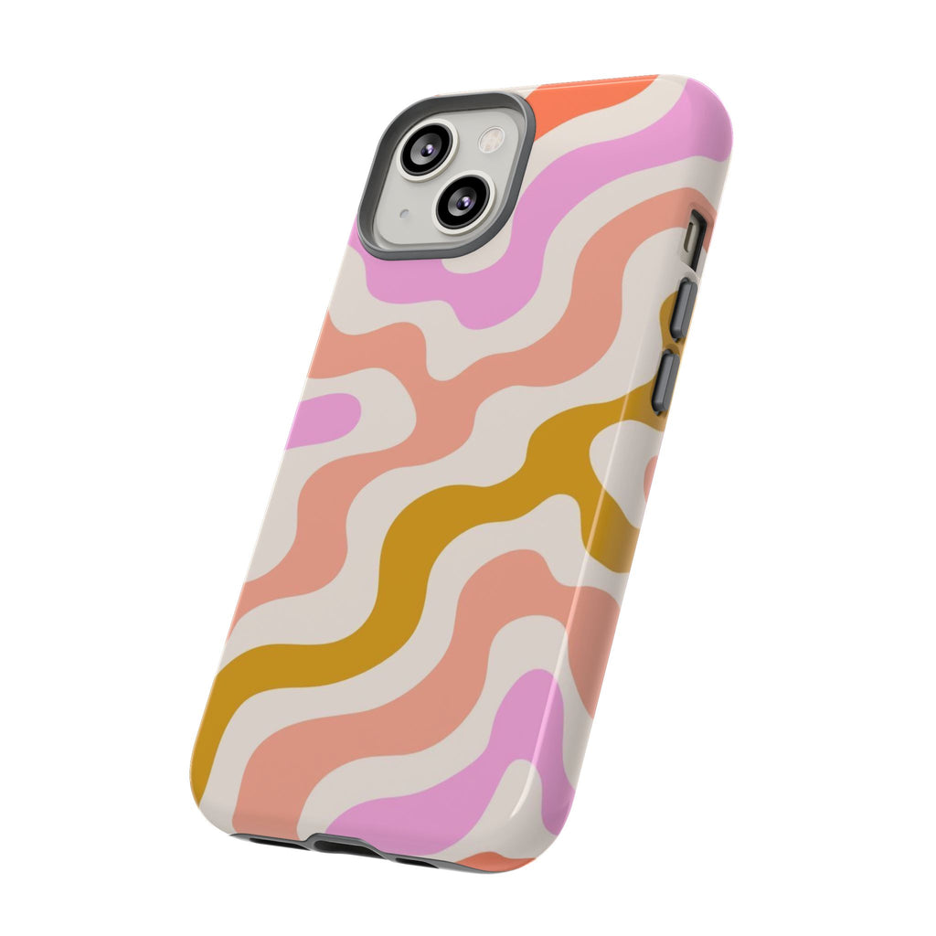 Retro Wavy Pattern Tough Phone Case — Pink, Peach & Mustard Abstract Design
