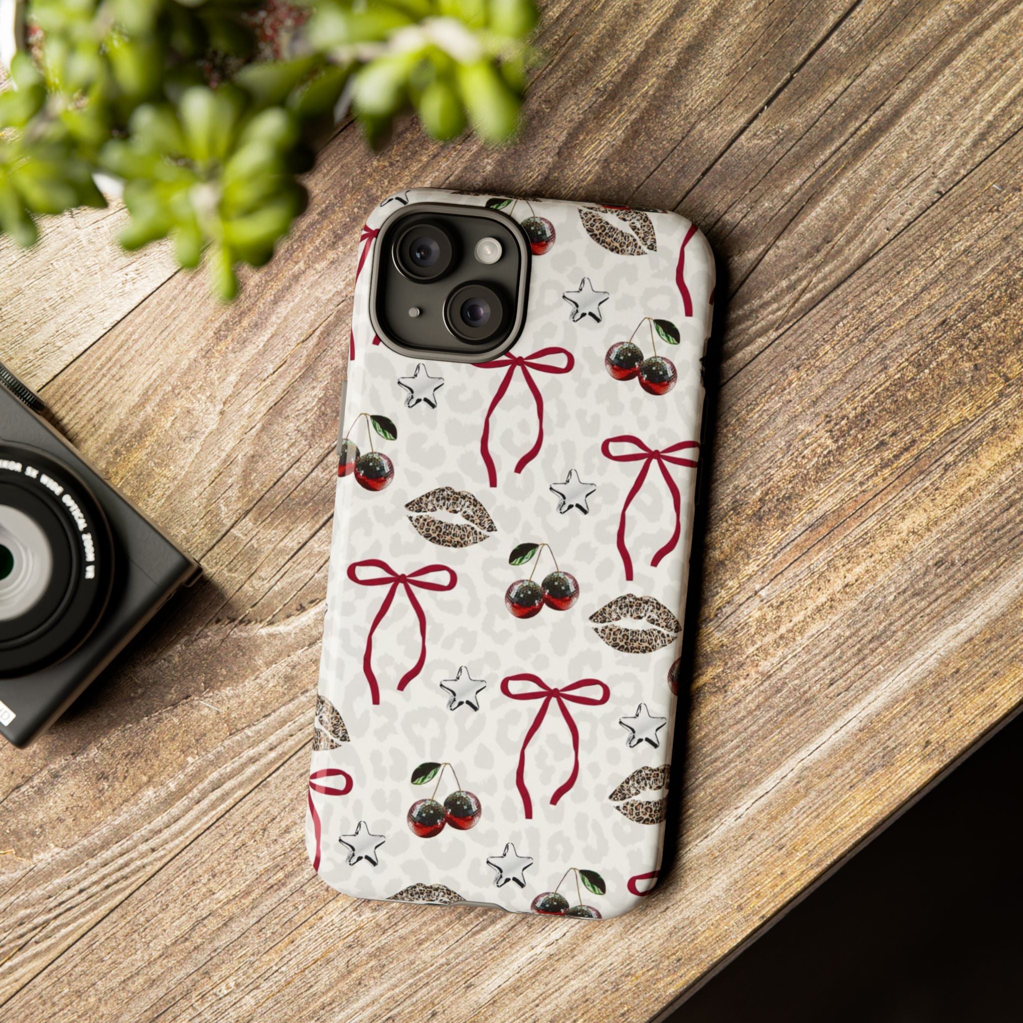 Cherry Bow Phone Case — Retro Cherry & Lips Pattern iPhone Cover