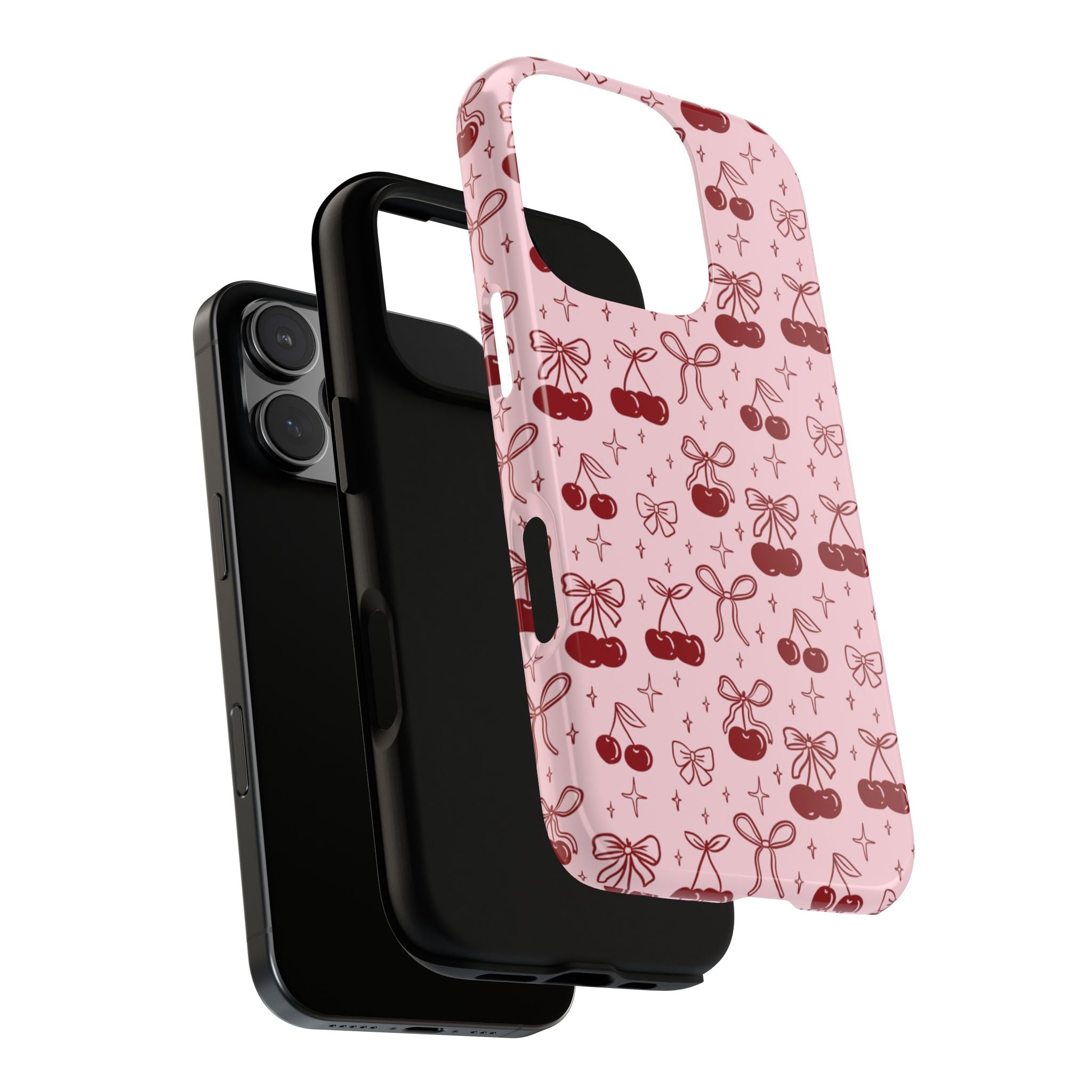 Cherry Pattern Phone Case — Cute Pink Cherries with Bows Durable Tough Case