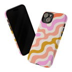 Retro Wavy Pattern Tough Phone Case — Pink, Peach & Mustard Abstract Design