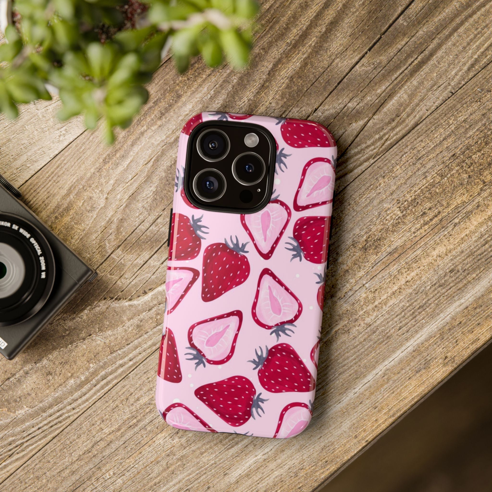 Strawberry Pattern Tough Phone Case — Pink Fruit Protective Cover