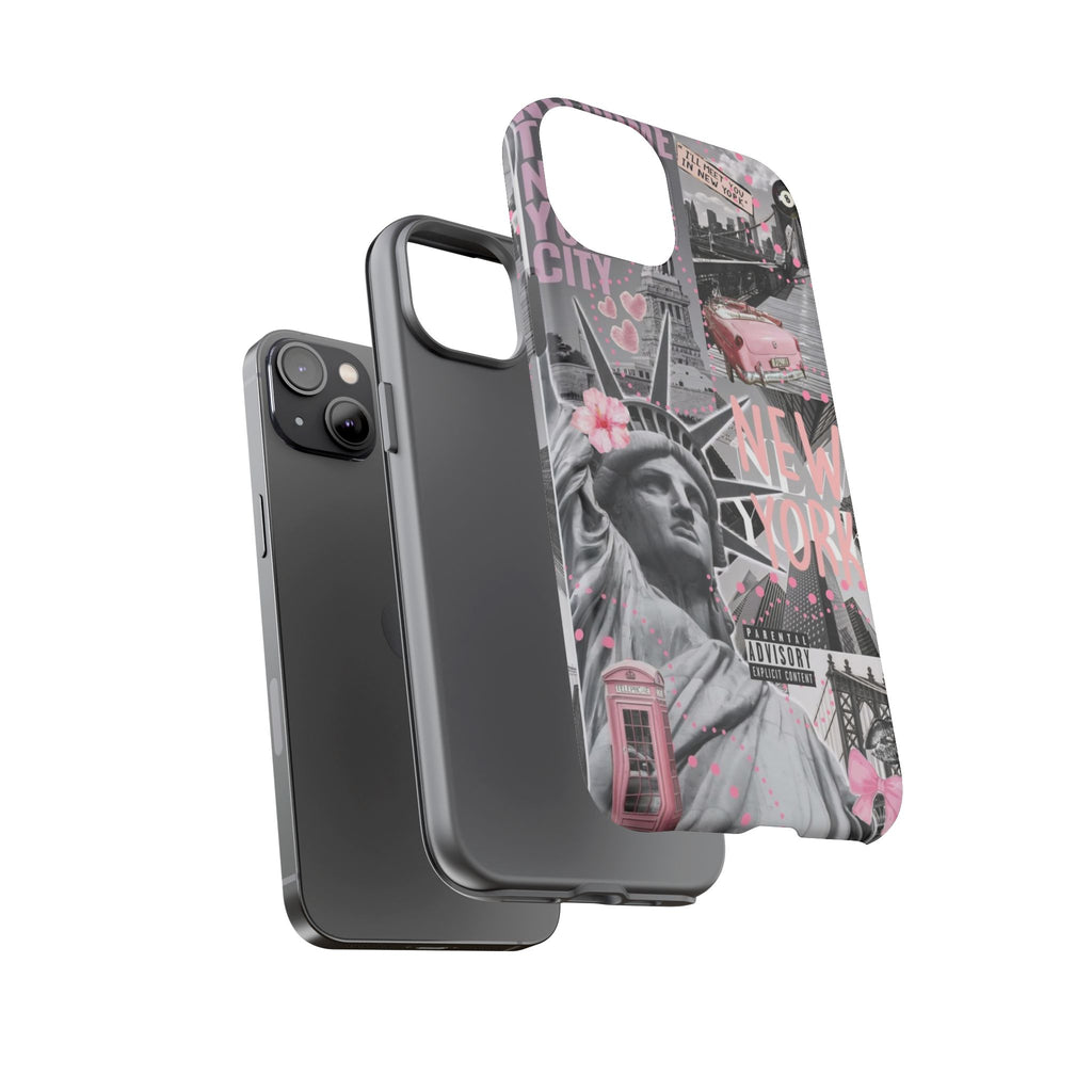New York Collage Phone Case — Pink Retro Statue of Liberty Design