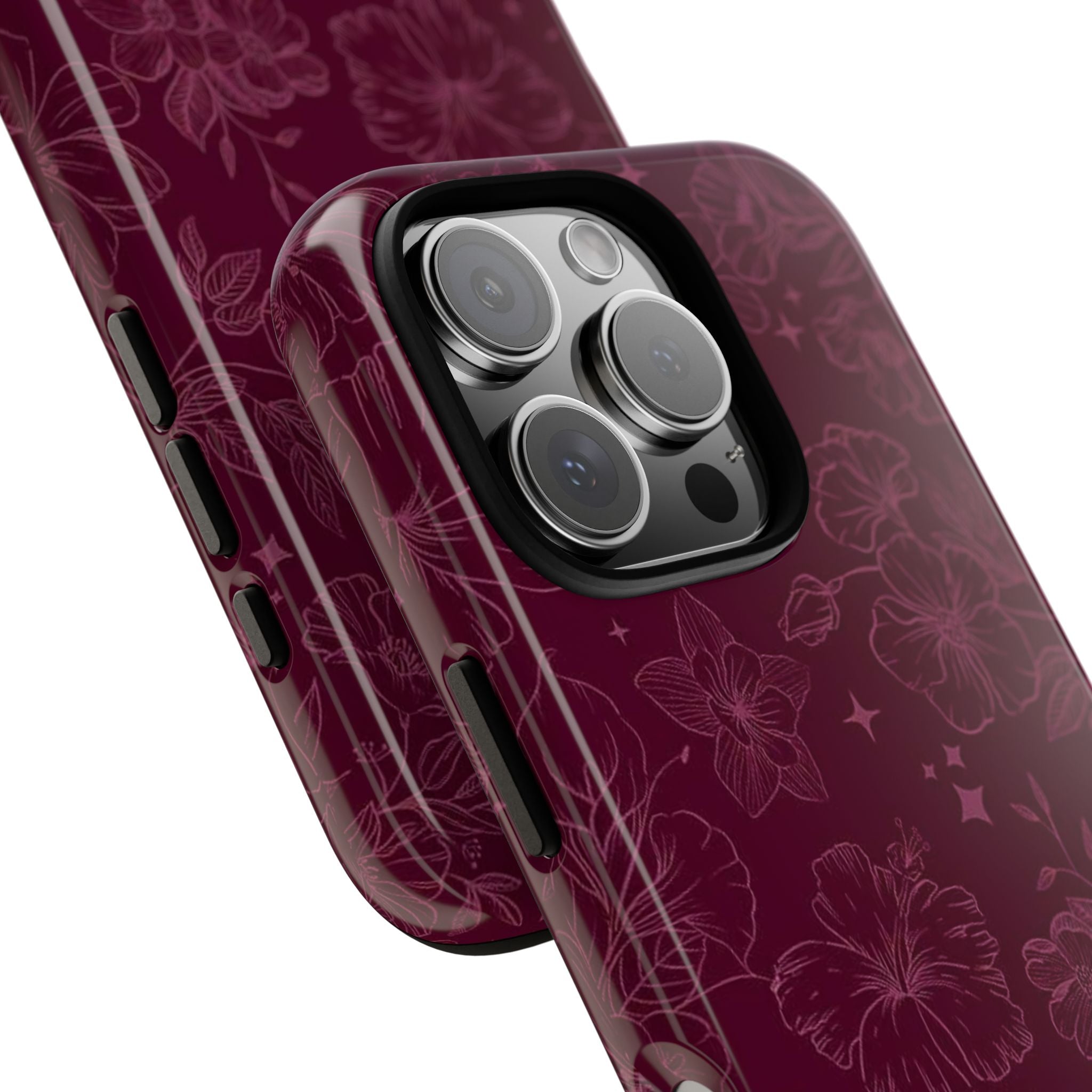 Burgundy Floral Tough Phone Case — Protective Hibiscus Pattern
