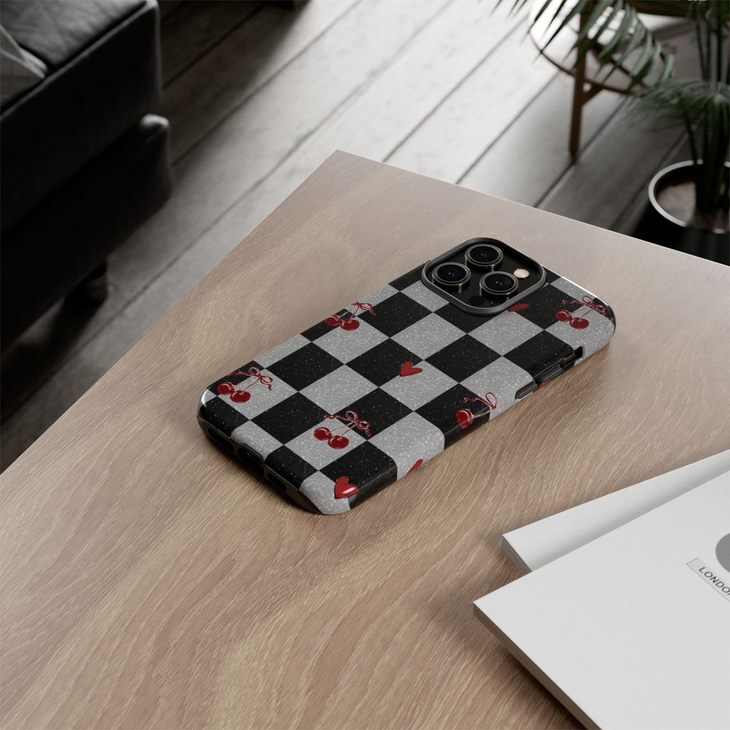 Cherry Checker Phone Case — Retro Black & White Plaid with Red Hearts