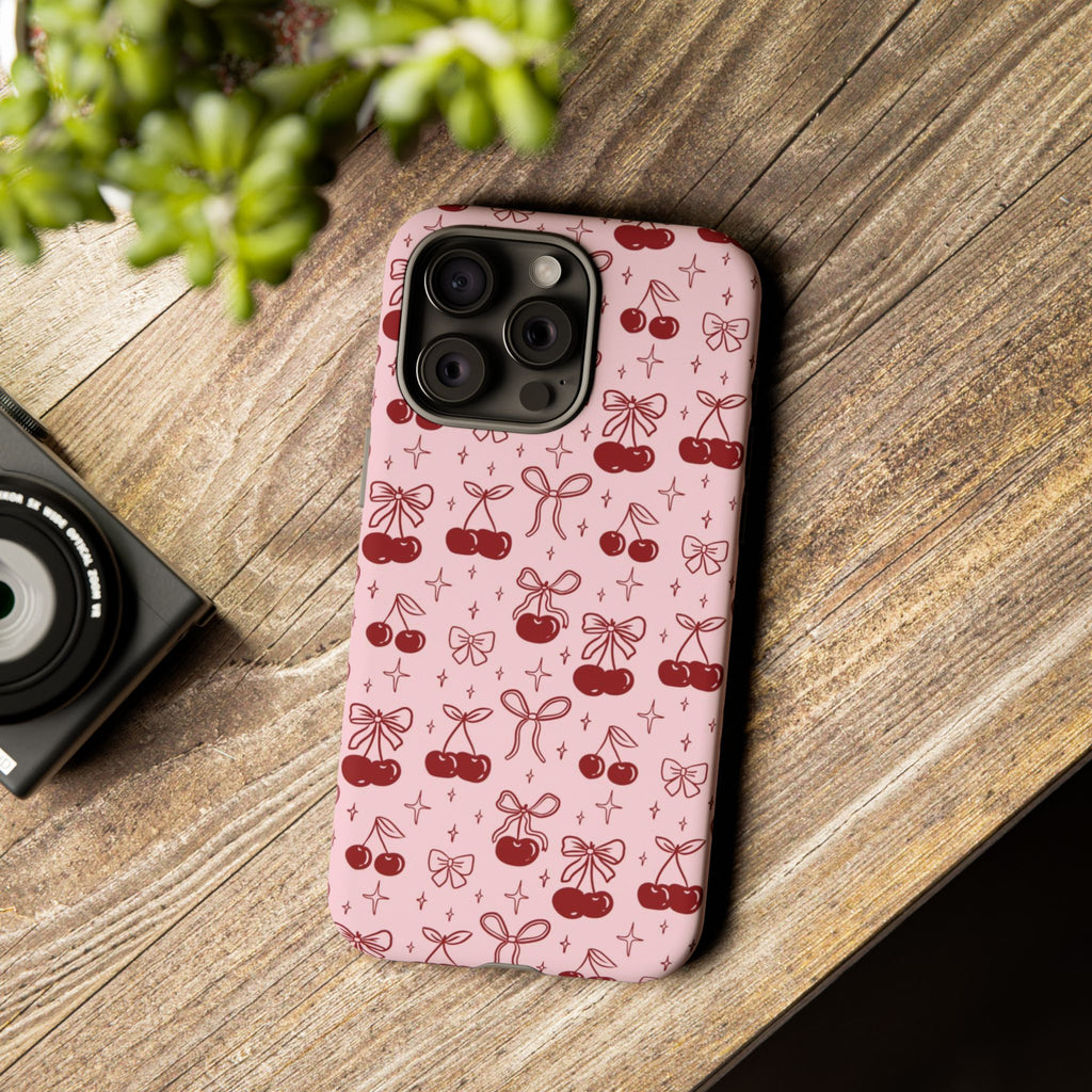 Cherry Pattern Phone Case — Cute Pink Cherries with Bows Durable Tough Case