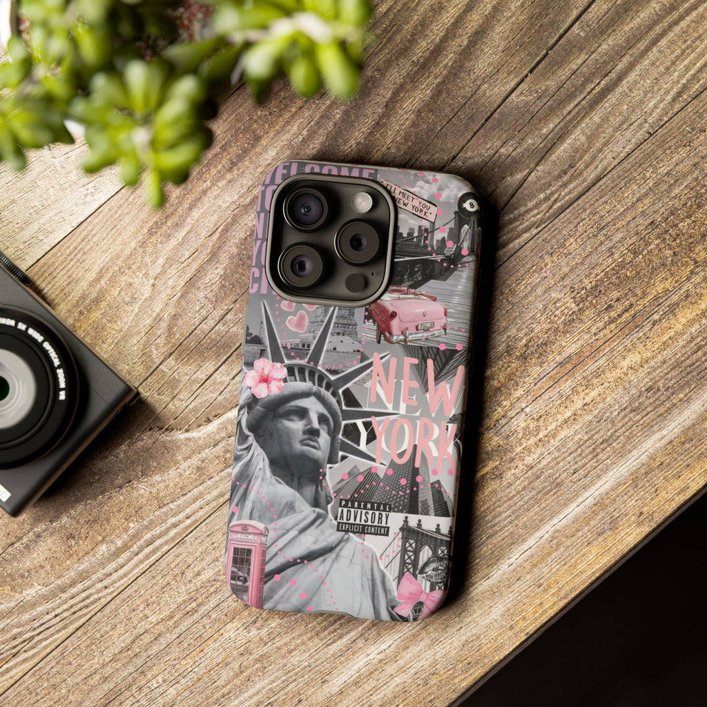 New York Collage Phone Case — Pink Retro Statue of Liberty Design