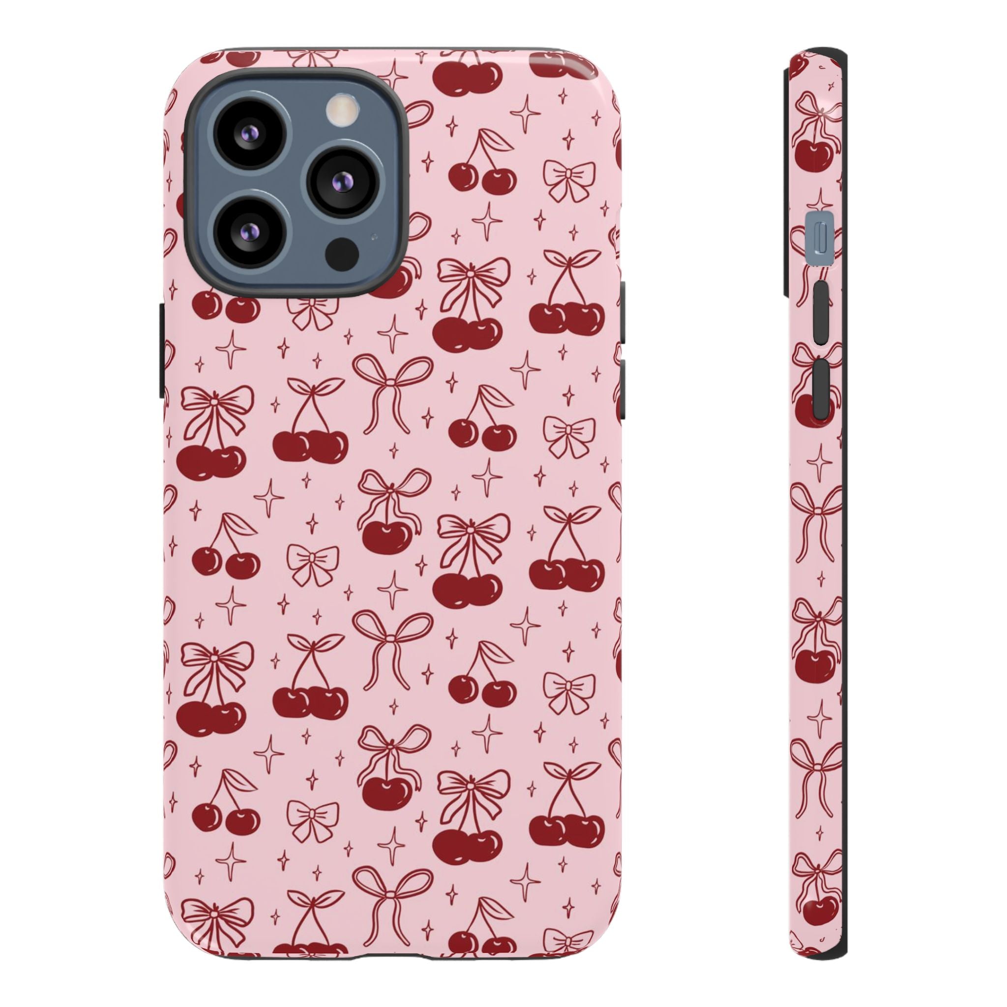 Cherry Pattern Phone Case — Cute Pink Cherries with Bows Durable Tough Case