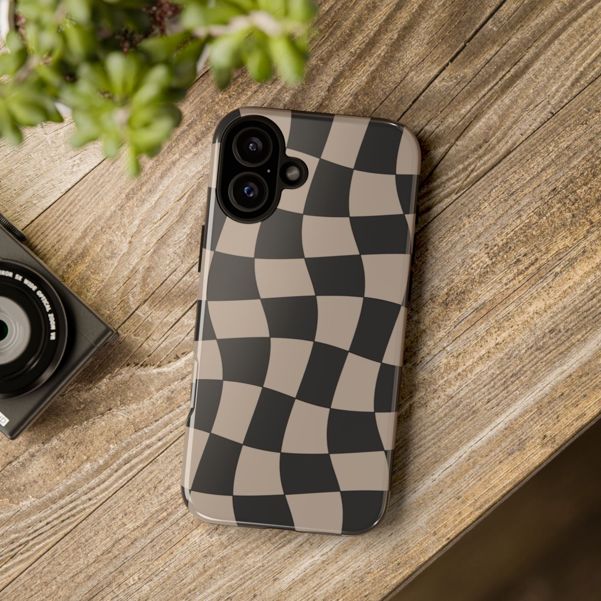 Wavy Checkerboard Phone Case — Retro Black & Beige Pattern, Durable Protective Cover