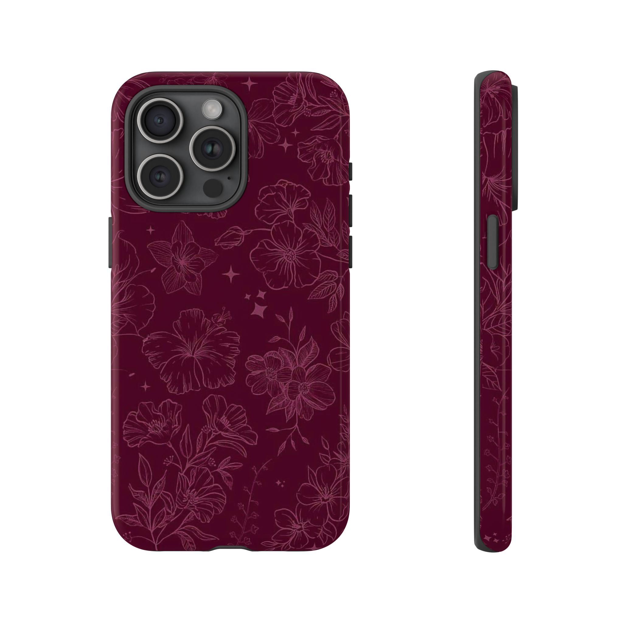 Burgundy Floral Tough Phone Case — Protective Hibiscus Pattern