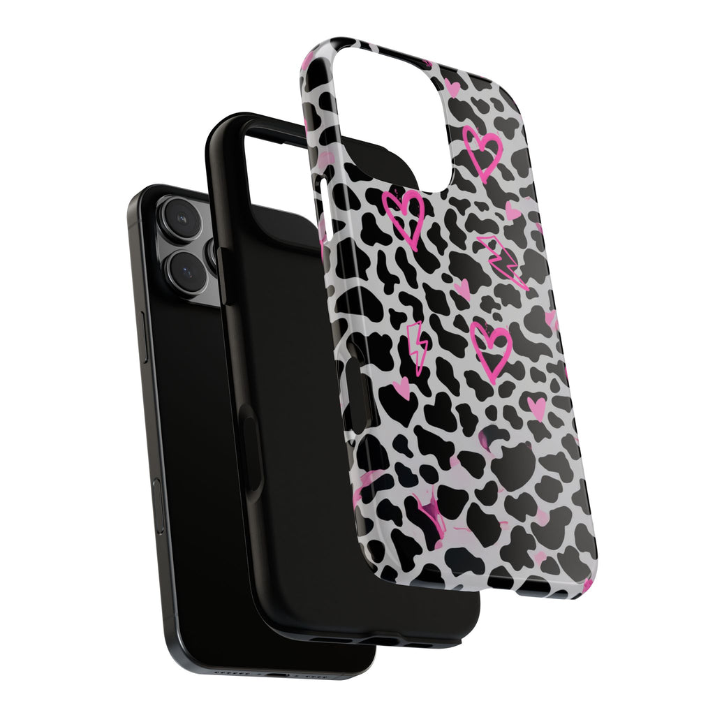 Phone Case — Black & White Cow Print with Pink Hand-Drawn Hearts