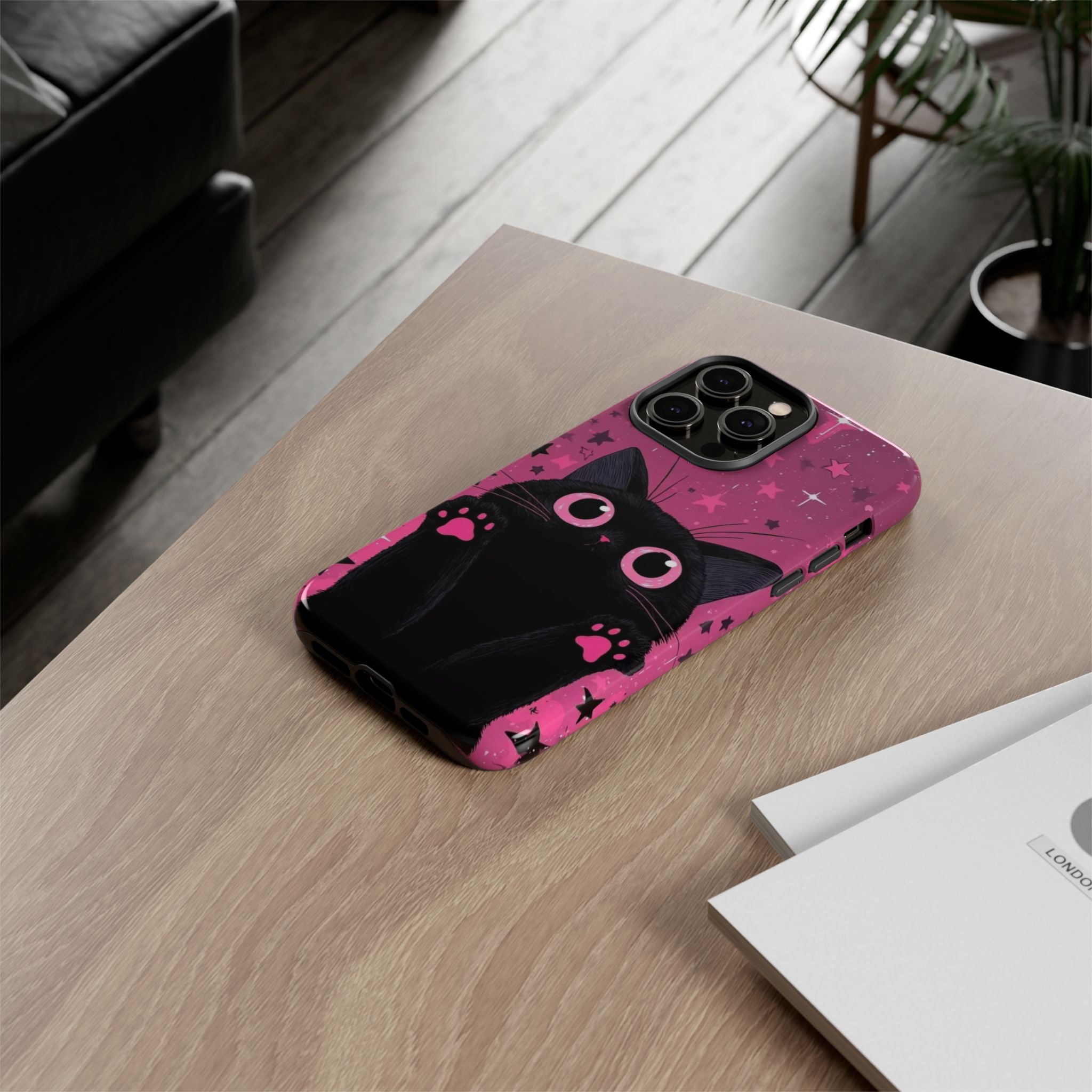 Cat Paw Pink Galaxy Phone Case — Cute Black Kitten iPhone Cover