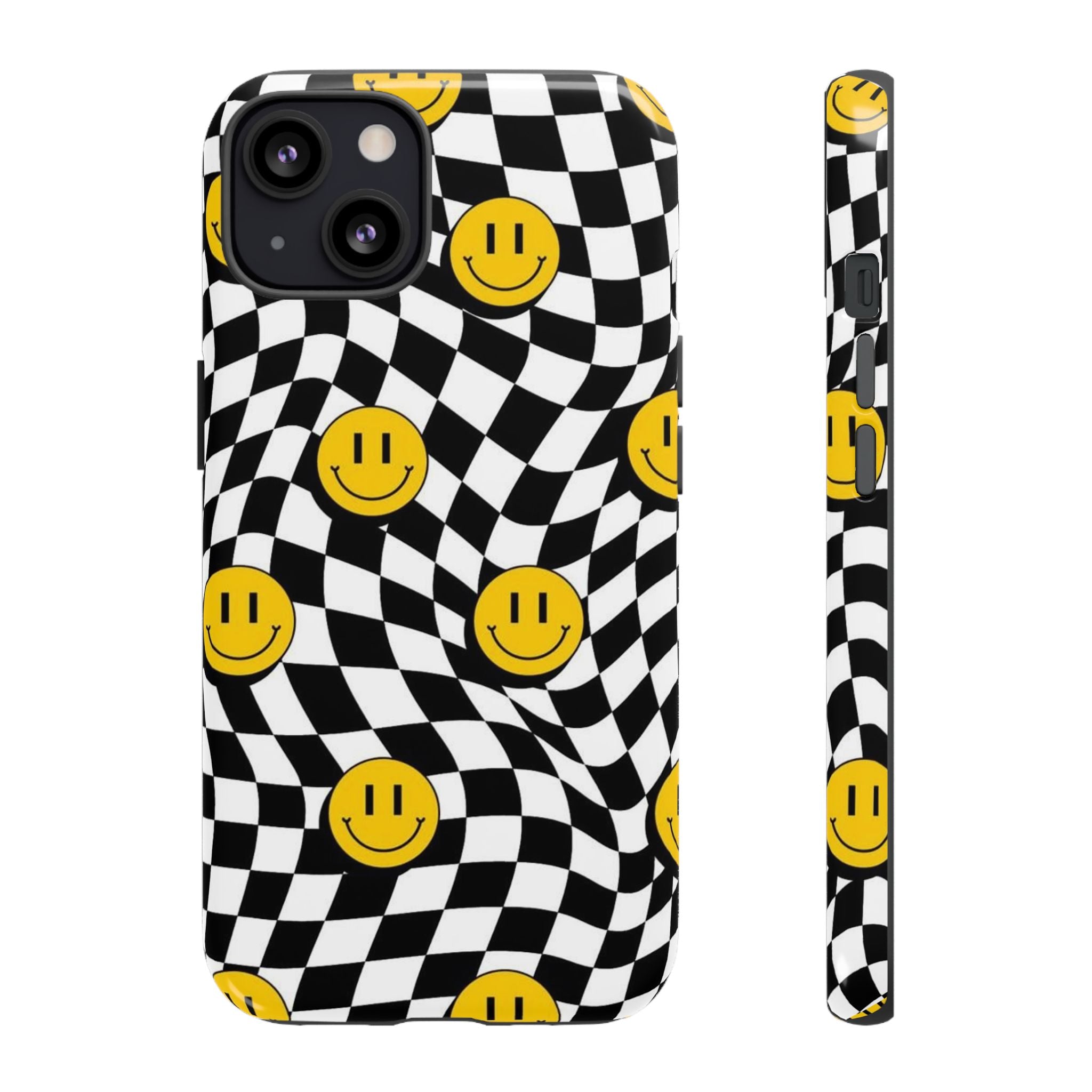 Smiley Checkerboard Tough Phone Case — Retro Wavy Black & White Design