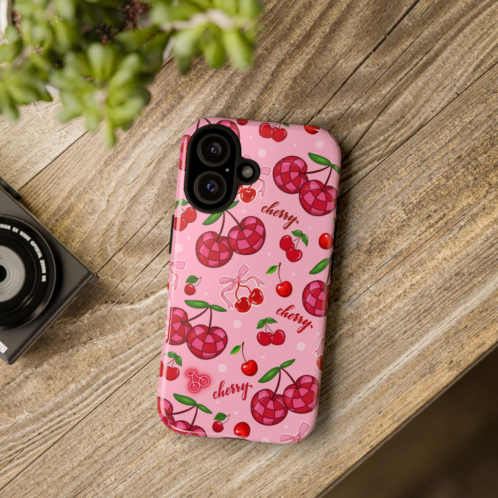 Cherry Pattern Tough Phone Case — Pink Cute Fruit iPhone Case with "cherry"