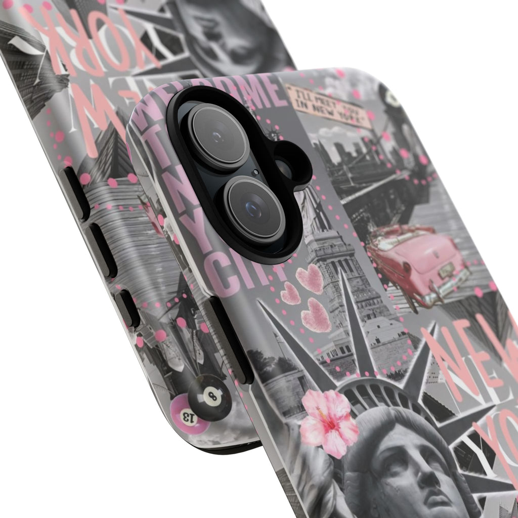 New York Collage Phone Case — Pink Retro Statue of Liberty Design