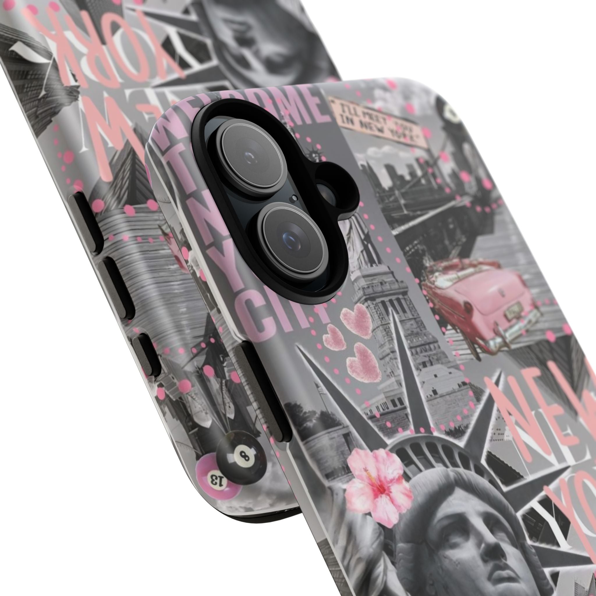 New York Collage Phone Case — Pink Retro Statue of Liberty Design