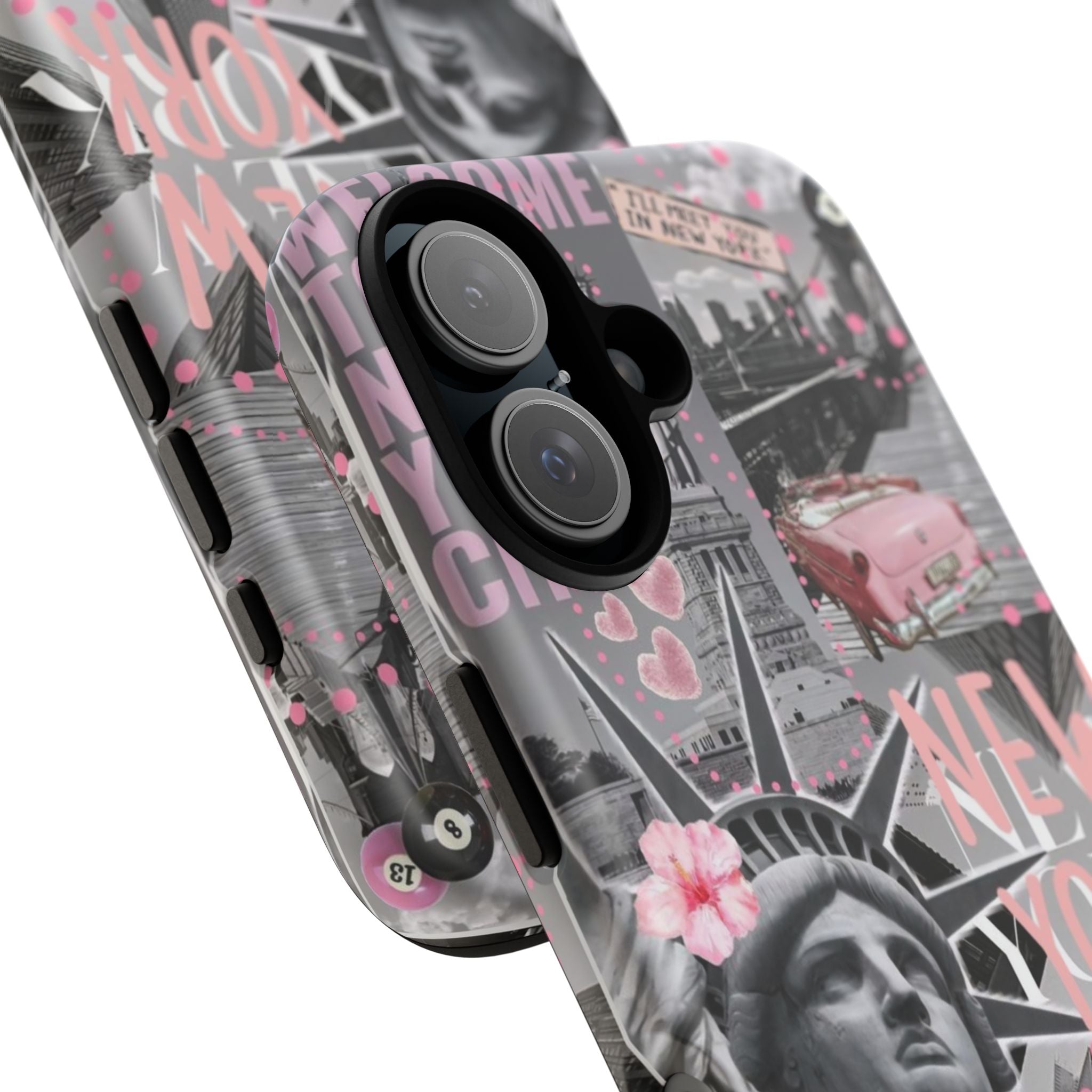 New York Collage Phone Case — Pink Retro Statue of Liberty Design