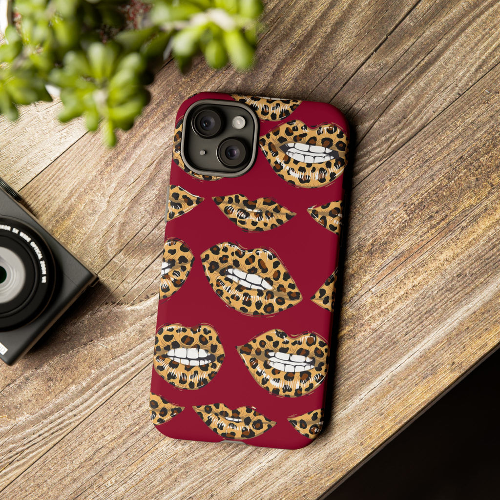 Phone Case — Leopard Lips Pattern on Burgundy