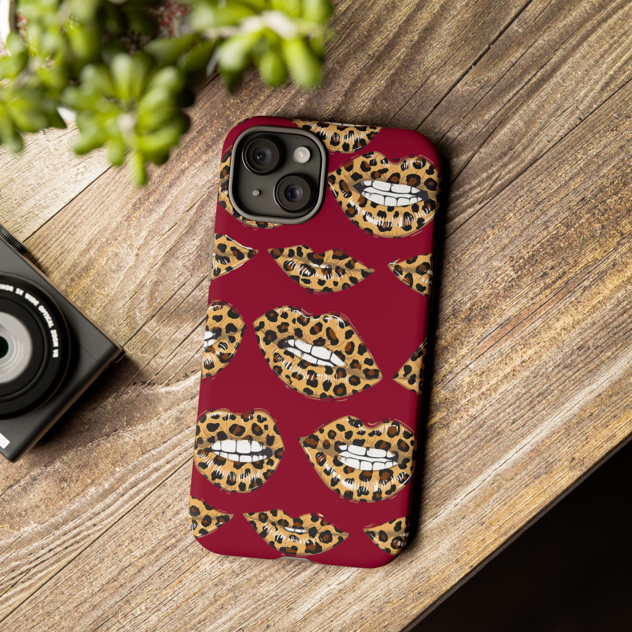 Phone Case — Leopard Lips Pattern on Burgundy