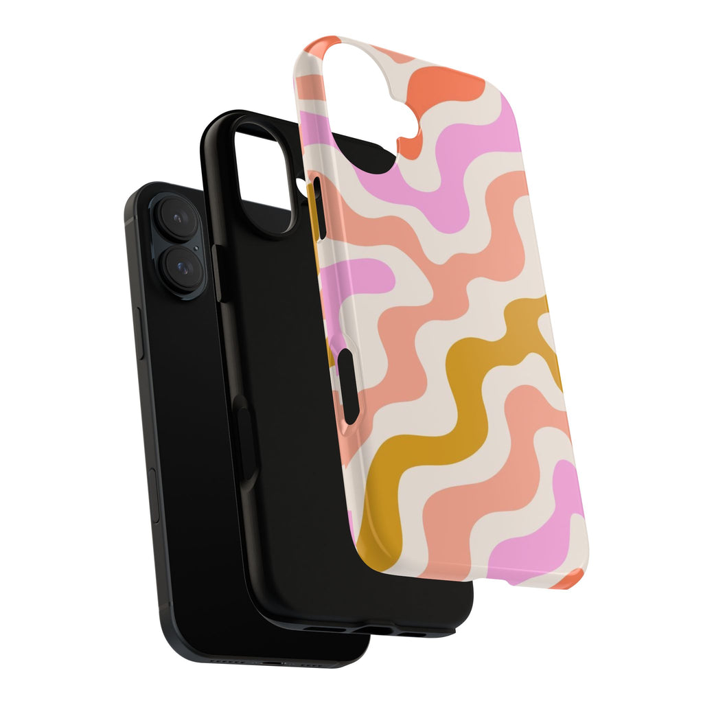 Retro Wavy Pattern Tough Phone Case — Pink, Peach & Mustard Abstract Design