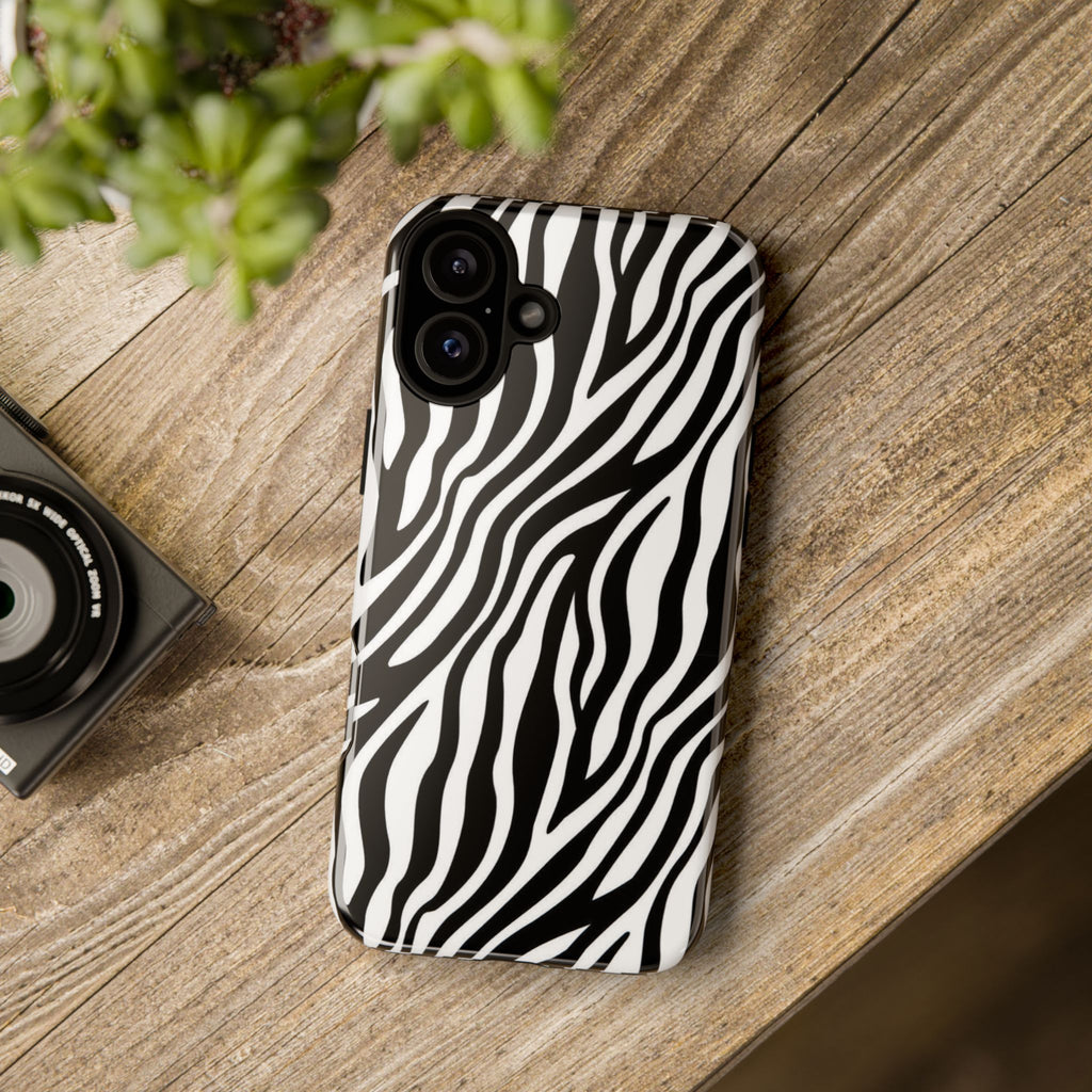 Zebra Print Tough Phone Case — Black & White Animal Stripe Protective Cover