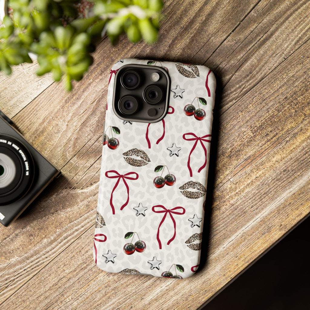 Cherry Bow Phone Case — Retro Cherry & Lips Pattern iPhone Cover