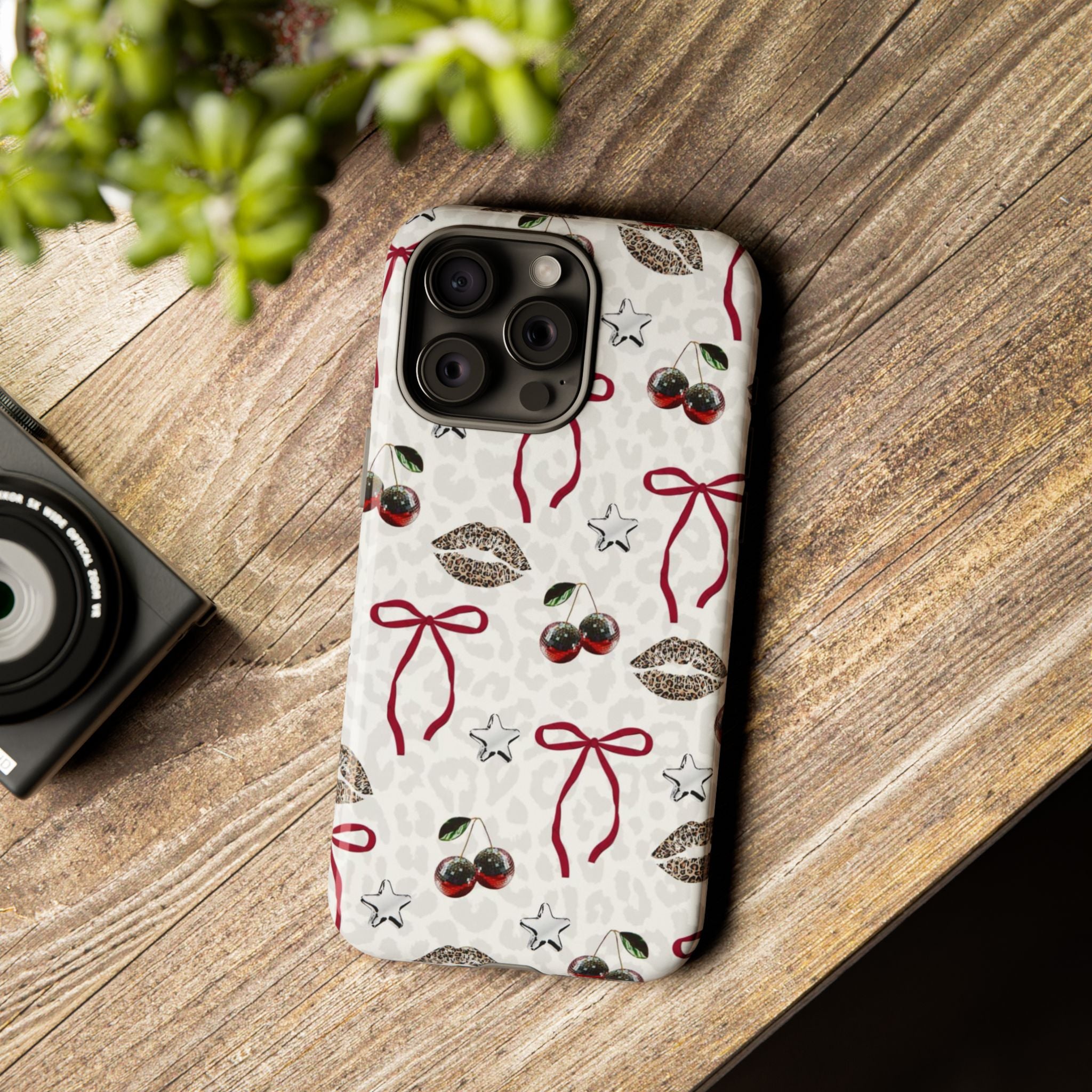 Cherry Bow Phone Case — Retro Cherry & Lips Pattern iPhone Cover