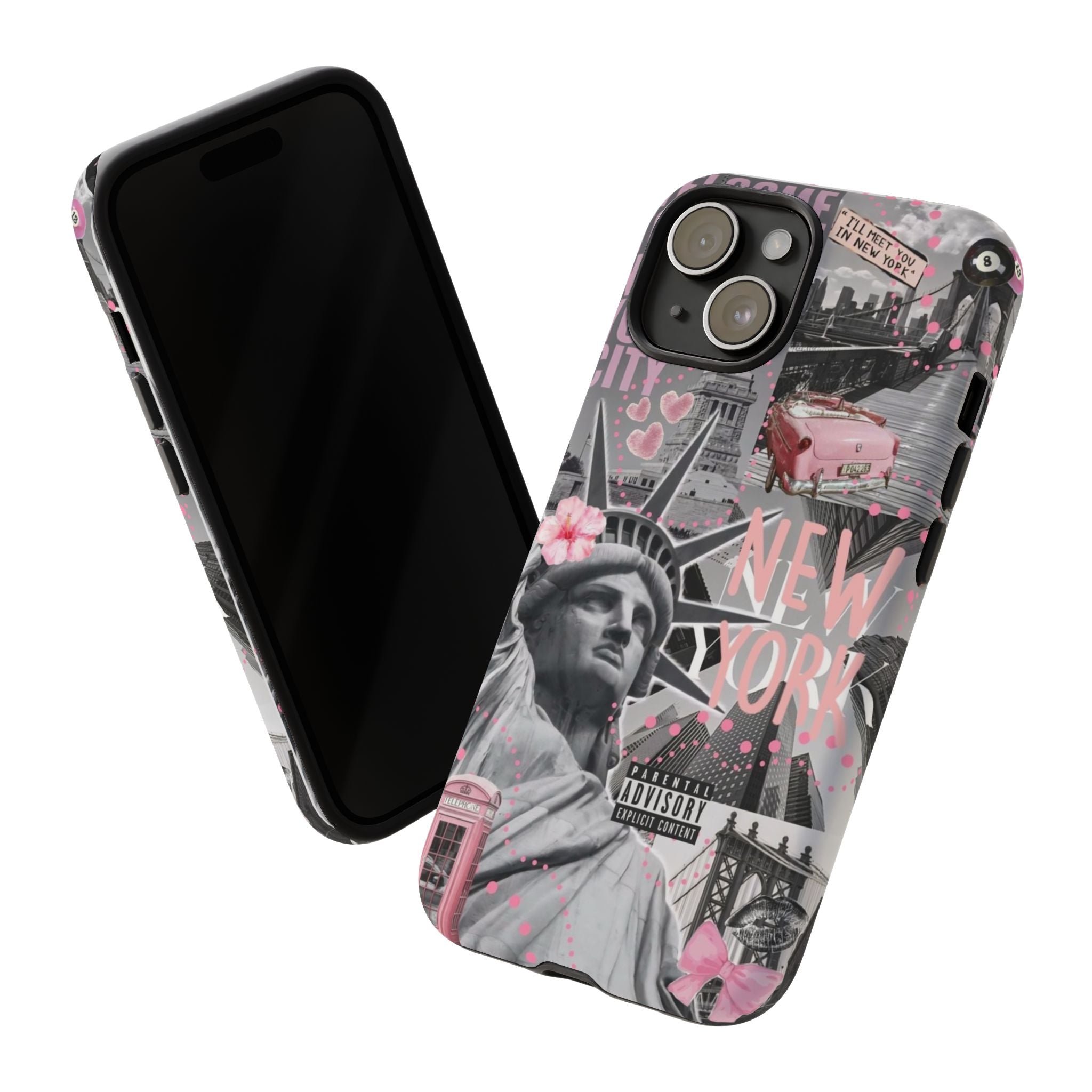 New York Collage Phone Case — Pink Retro Statue of Liberty Design