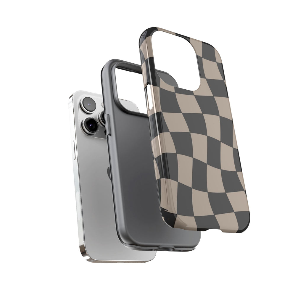 Wavy Checkerboard Phone Case — Retro Black & Beige Pattern, Durable Protective Cover