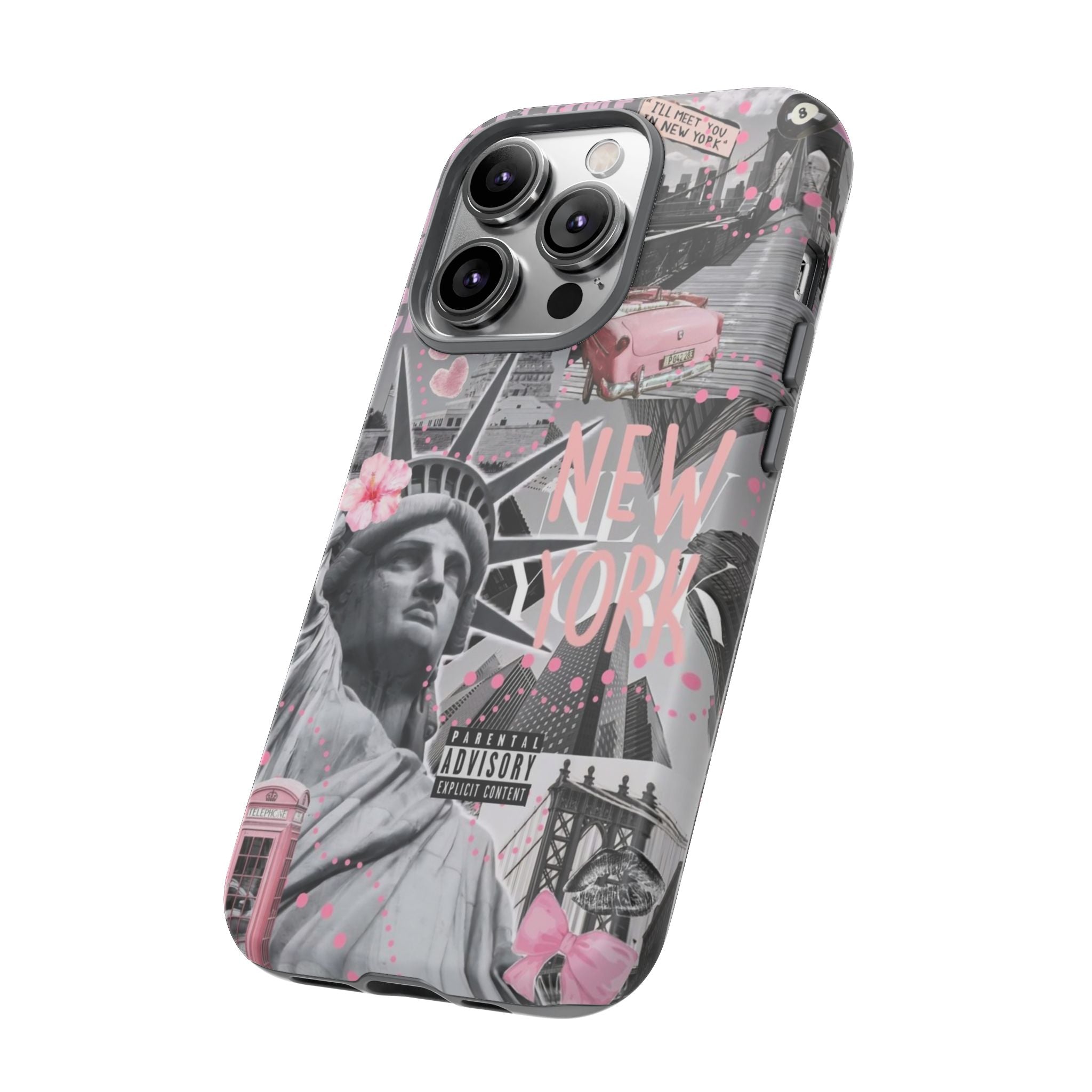 New York Collage Phone Case — Pink Retro Statue of Liberty Design