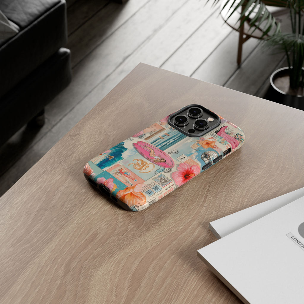 Tropical Surf Collage Phone Case — Vintage Hawaiian Floral & Surfboard Design