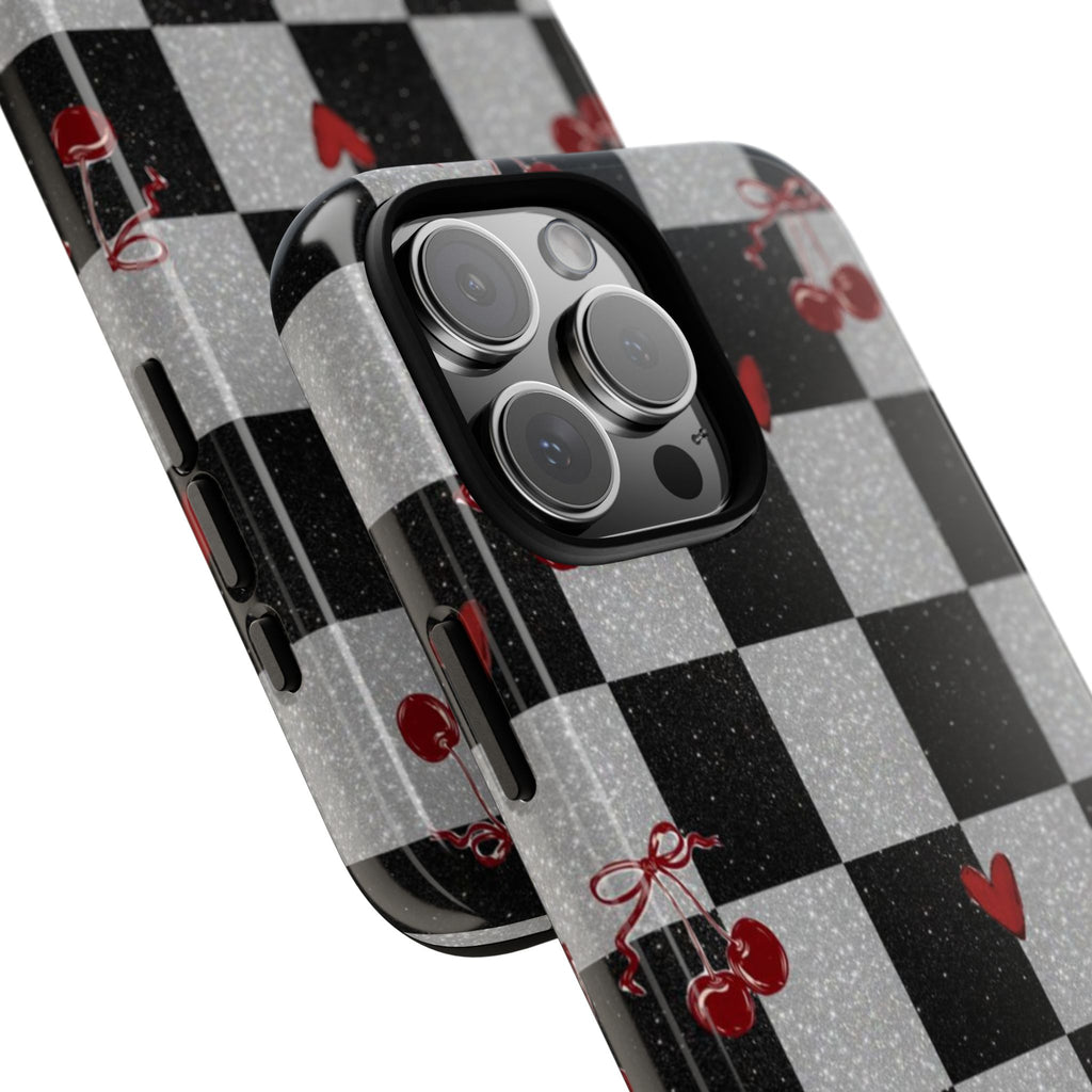 Cherry Checker Phone Case — Retro Black & White Plaid with Red Hearts