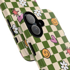 Green Checkered Floral & Smile Phone Case — Cute Heart, Daisy & Smile Pattern