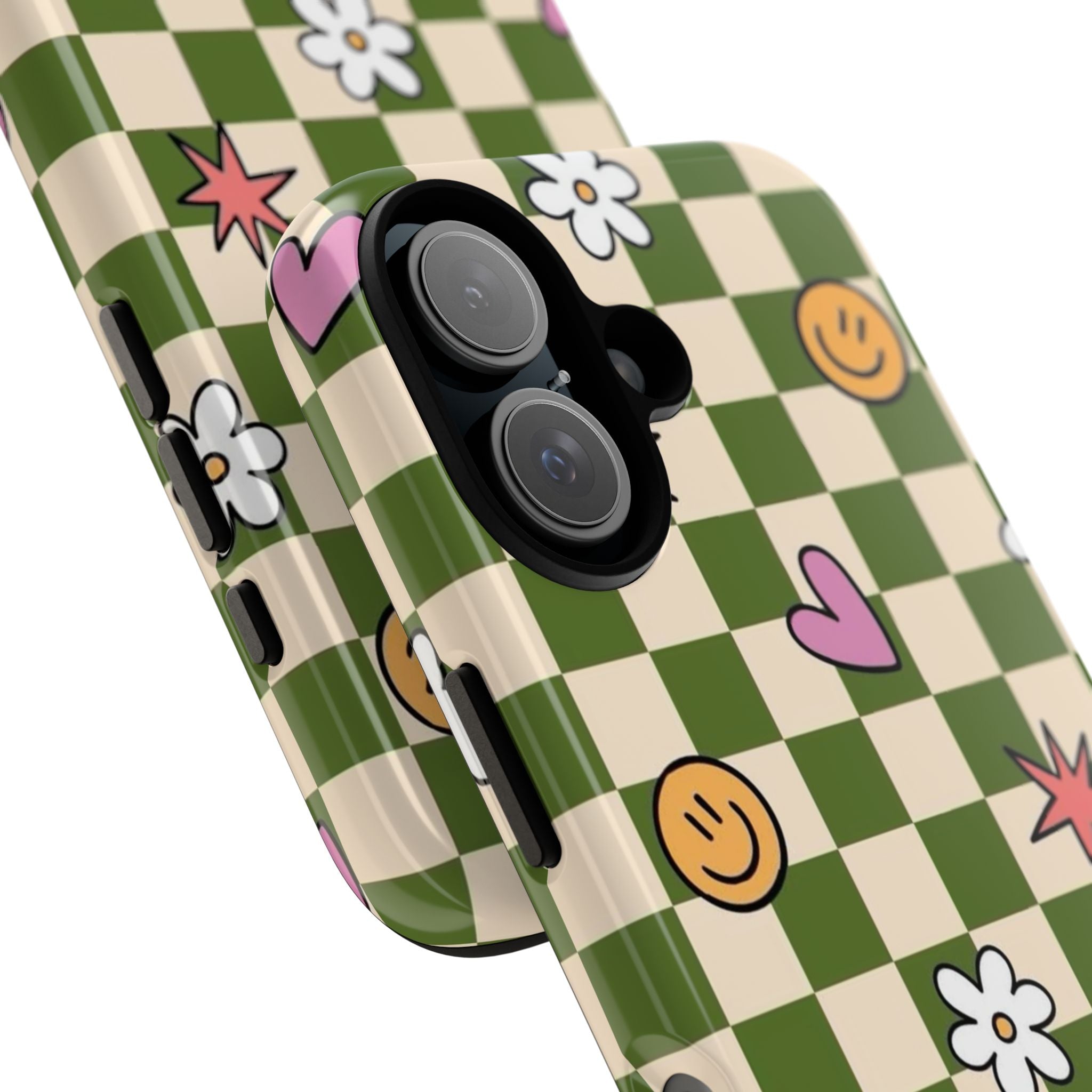 Green Checkered Floral & Smile Phone Case — Cute Heart, Daisy & Smile Pattern