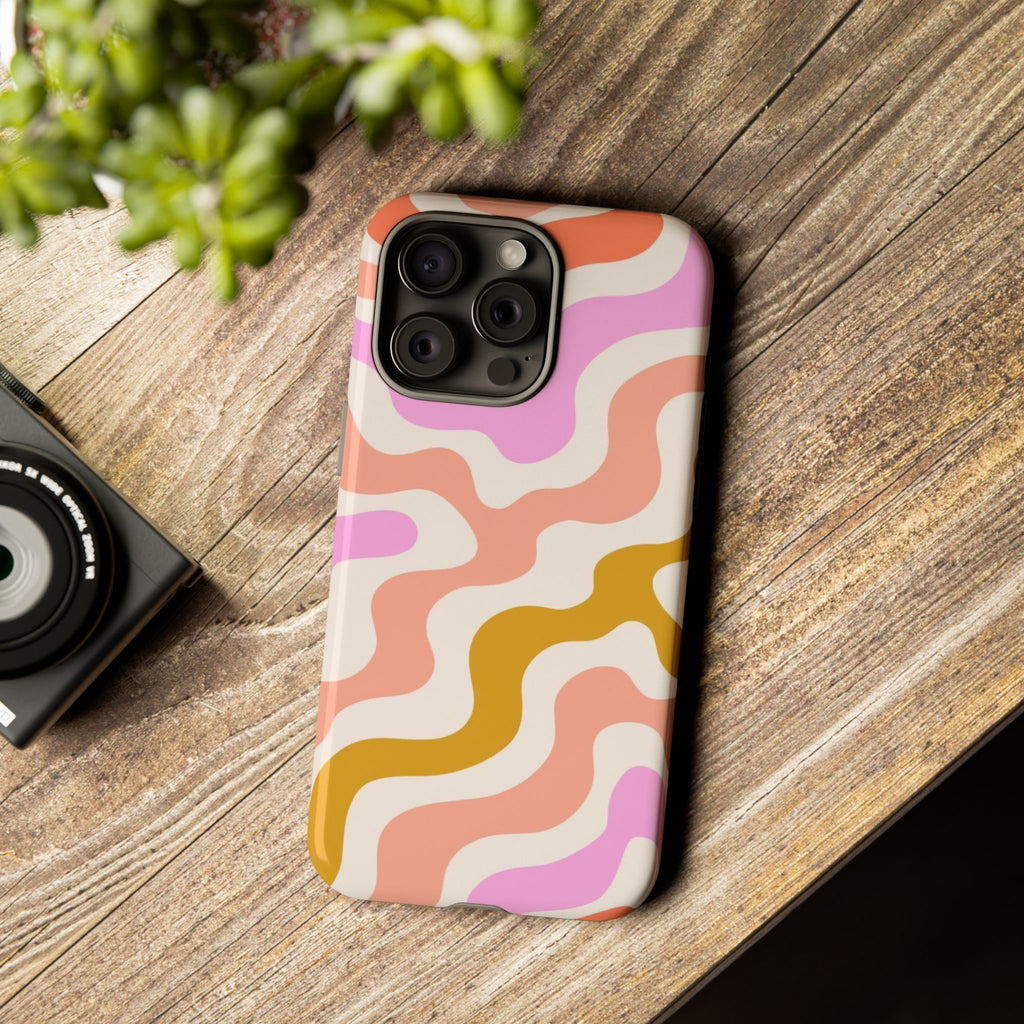 Retro Wavy Pattern Tough Phone Case — Pink, Peach & Mustard Abstract Design