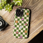 Green Checkered Floral & Smile Phone Case — Cute Heart, Daisy & Smile Pattern