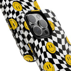 Smiley Checkerboard Tough Phone Case — Retro Wavy Black & White Design