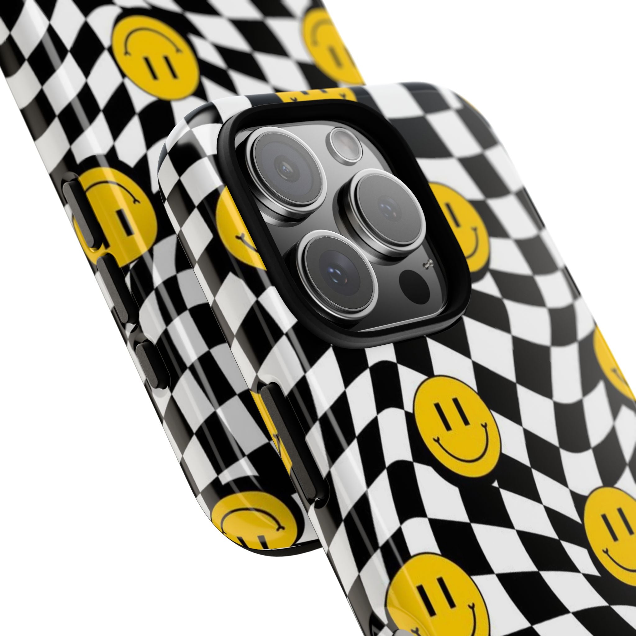 Smiley Checkerboard Tough Phone Case — Retro Wavy Black & White Design