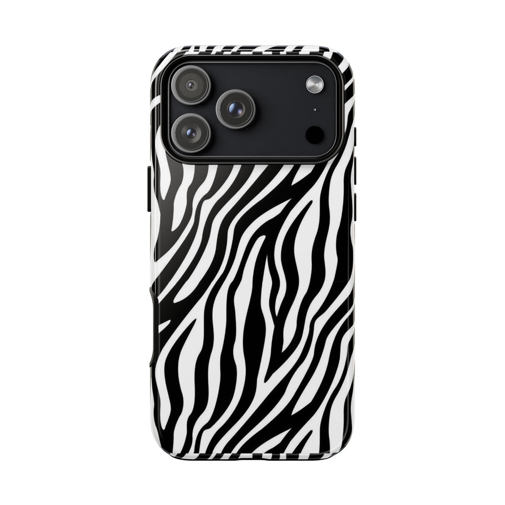 Zebra Print Tough Phone Case — Black & White Animal Stripe Protective Cover